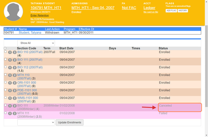 enrollments by student cancel status