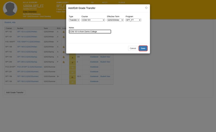 grade transfer gradebook
