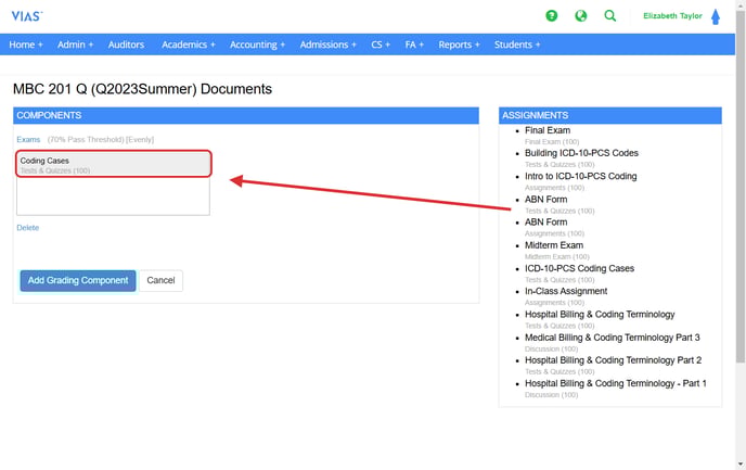 gradebook components drag and drop