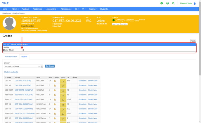 school selection in gradebook