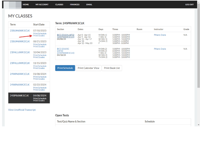 student portal course tab 