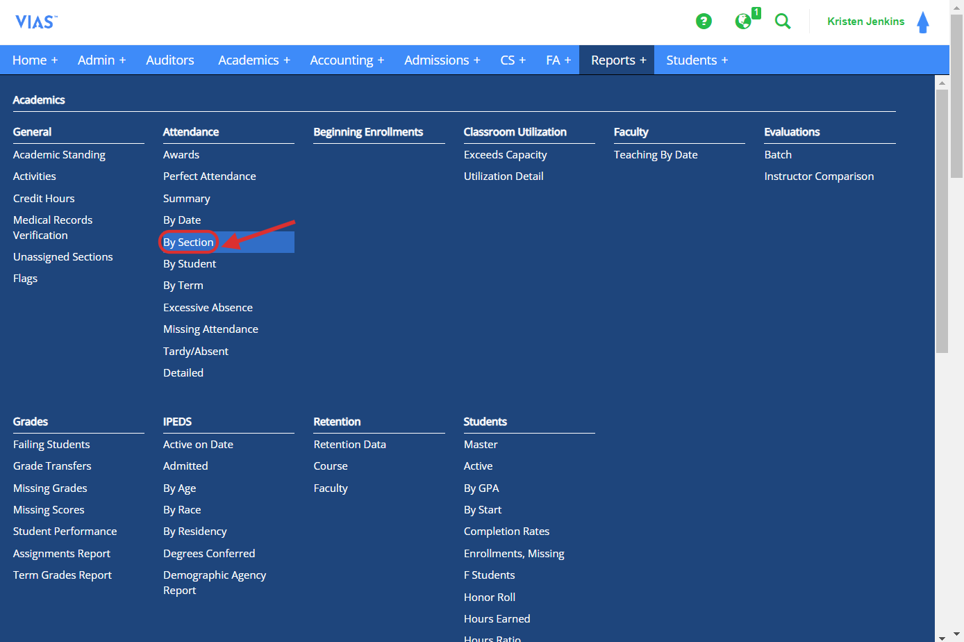 Go to Reports > Attendance > By Section. Click on By Section. 