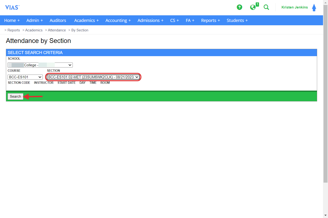 The list of sections will show the section identifier, term, and term starting date. Then click search. 