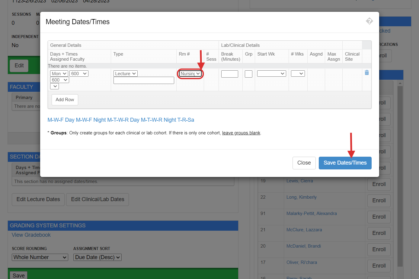 After entering days, time, and type of section enter the section's room location. Be sure and save dates and times. Room assignment must be completed when creating class dates.